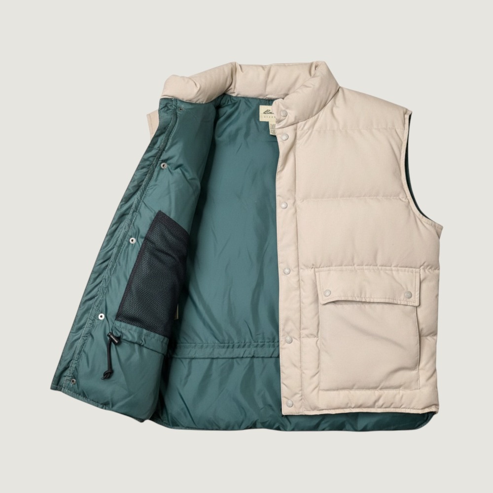Vintage Eddie Bauer Goose Down Puffer Vest Beige Teal Men's XL Outdoor Camping